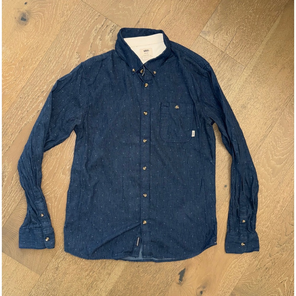 Vans Men Indigo Blue Micro Polka Dot Button Down Shirt Tailored Fit Medium